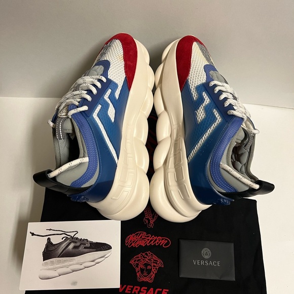 Versace Chain Reaction Platform Low Top Sneakers Blue Red Size 9.5 42.5 Repl Box - Picture 10 of 12